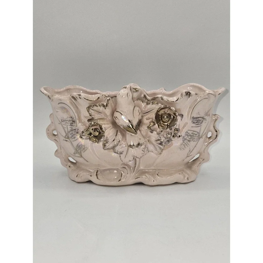 Vintage Pink Lusterware Planter‎ Bird Floral Gold Trim Ceramic Jardiniere 7